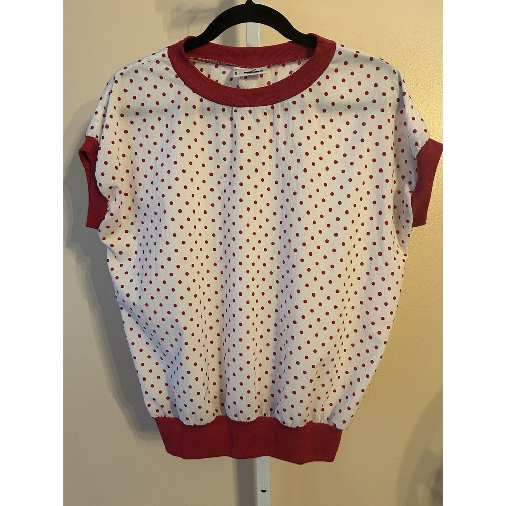 Vtg.  XL Cortiva Hot Pink White Polka Dot Top Shirt Y2K Short Sleeve USA 80’s